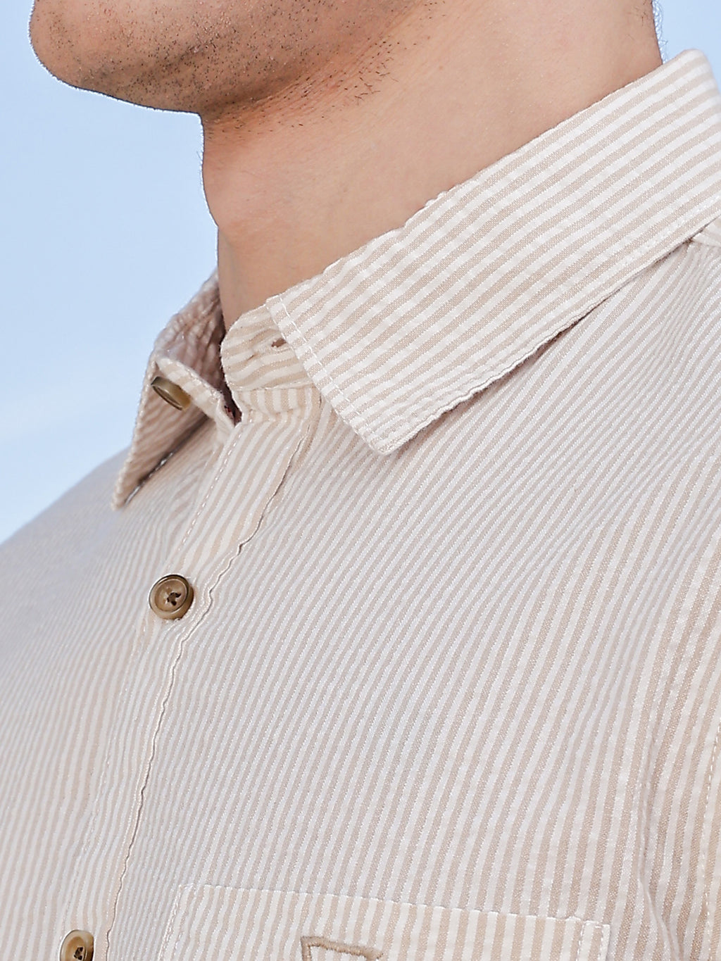 Thomas Scott Men Beige Slim Fit Short Sleeve Pinstripes Casual Shirt