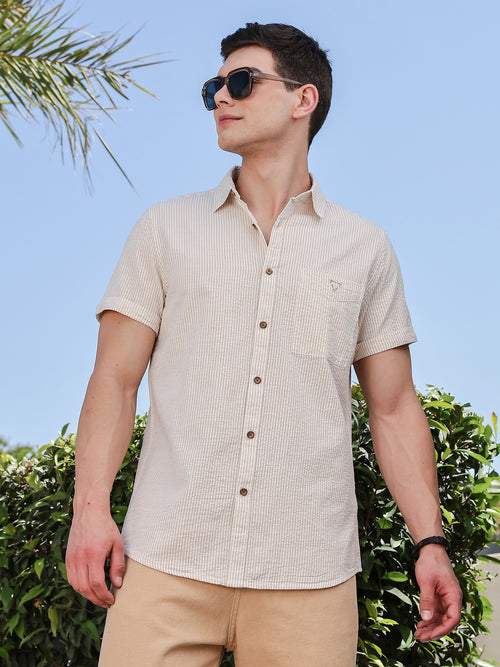 Thomas Scott Men Beige Slim Fit Short Sleeve Pinstripes Casual Shirt