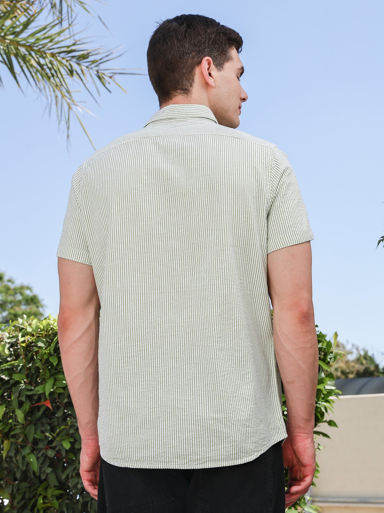 Thomas Scott Men LightGreen Slim Fit Short Sleeve Pinstripes Casual Shirt