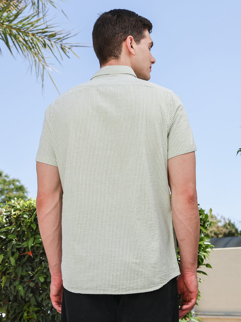 Thomas Scott Men LightGreen Slim Fit Short Sleeve Pinstripes Casual Shirt