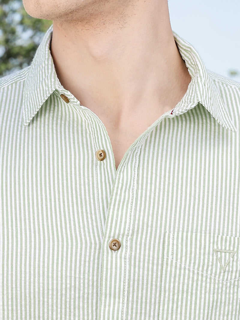 Thomas Scott Men LightGreen Slim Fit Short Sleeve Pinstripes Casual Shirt