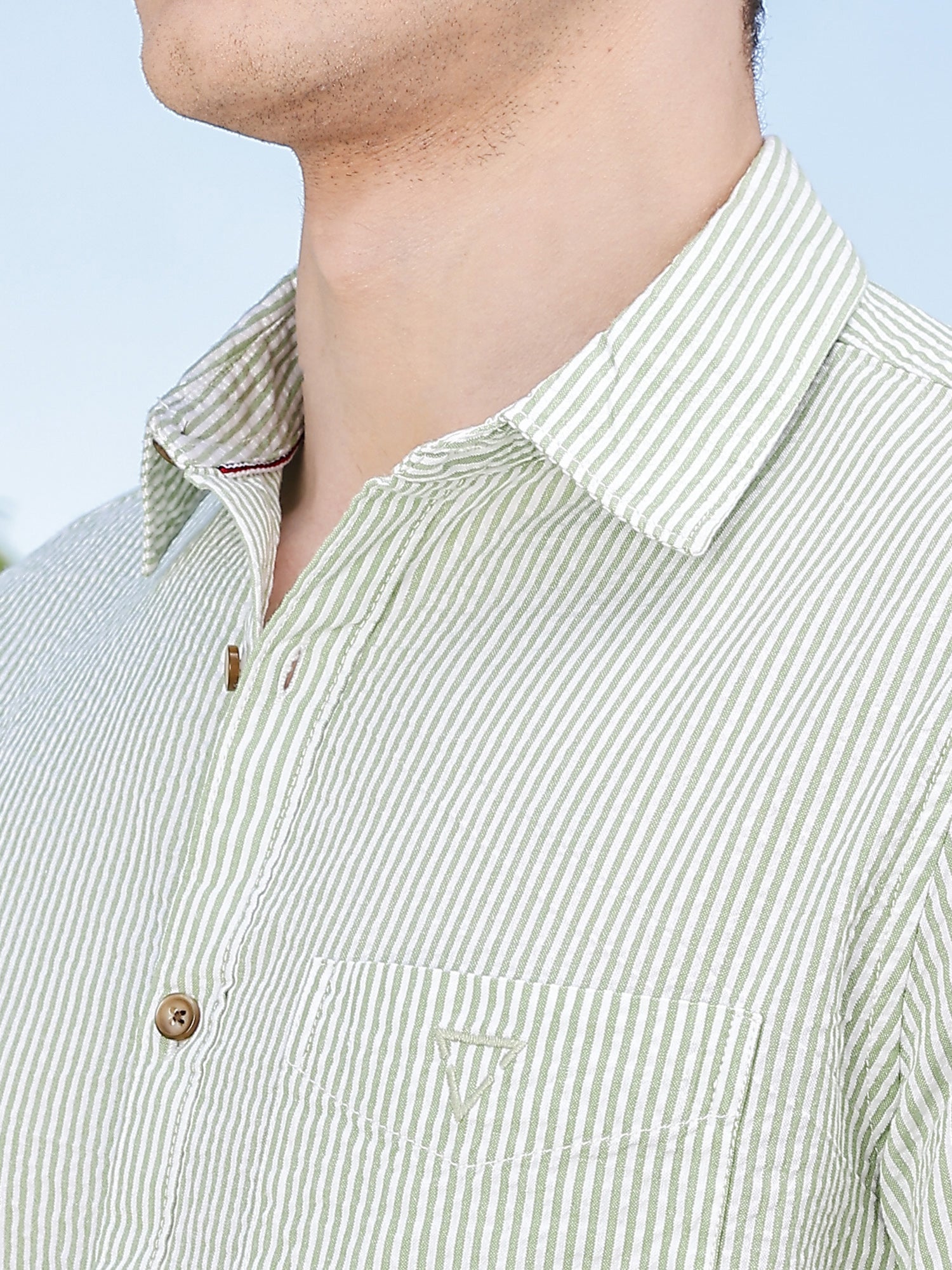 Thomas Scott Men LightGreen Slim Fit Short Sleeve Pinstripes Casual Shirt
