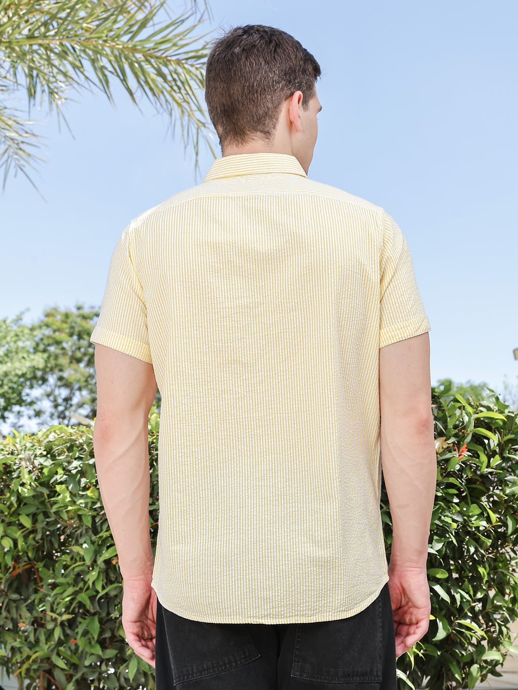 Thomas Scott Men Yellow Slim Fit Short Sleeve Pinstripes Casual Shirt