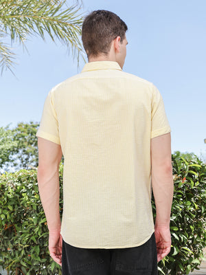 Yellow Slim Fit Short Sleeve Pinstripes Casual Shirt For Men
