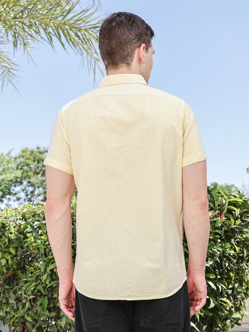 Thomas Scott Men Yellow Slim Fit Short Sleeve Pinstripes Casual Shirt
