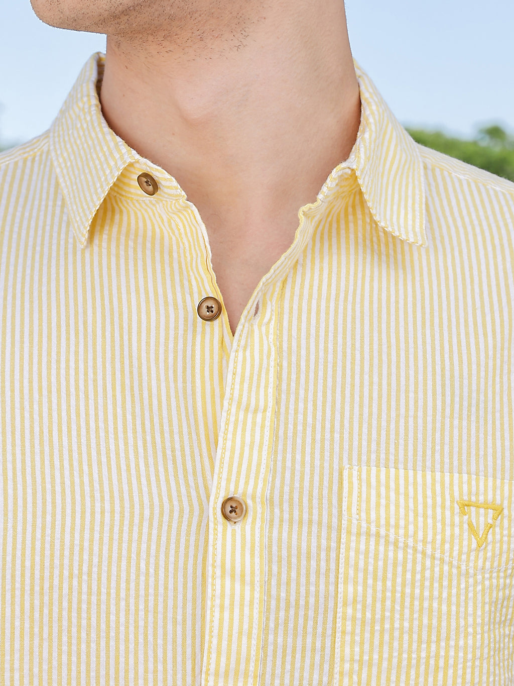 Thomas Scott Men Yellow Slim Fit Short Sleeve Pinstripes Casual Shirt