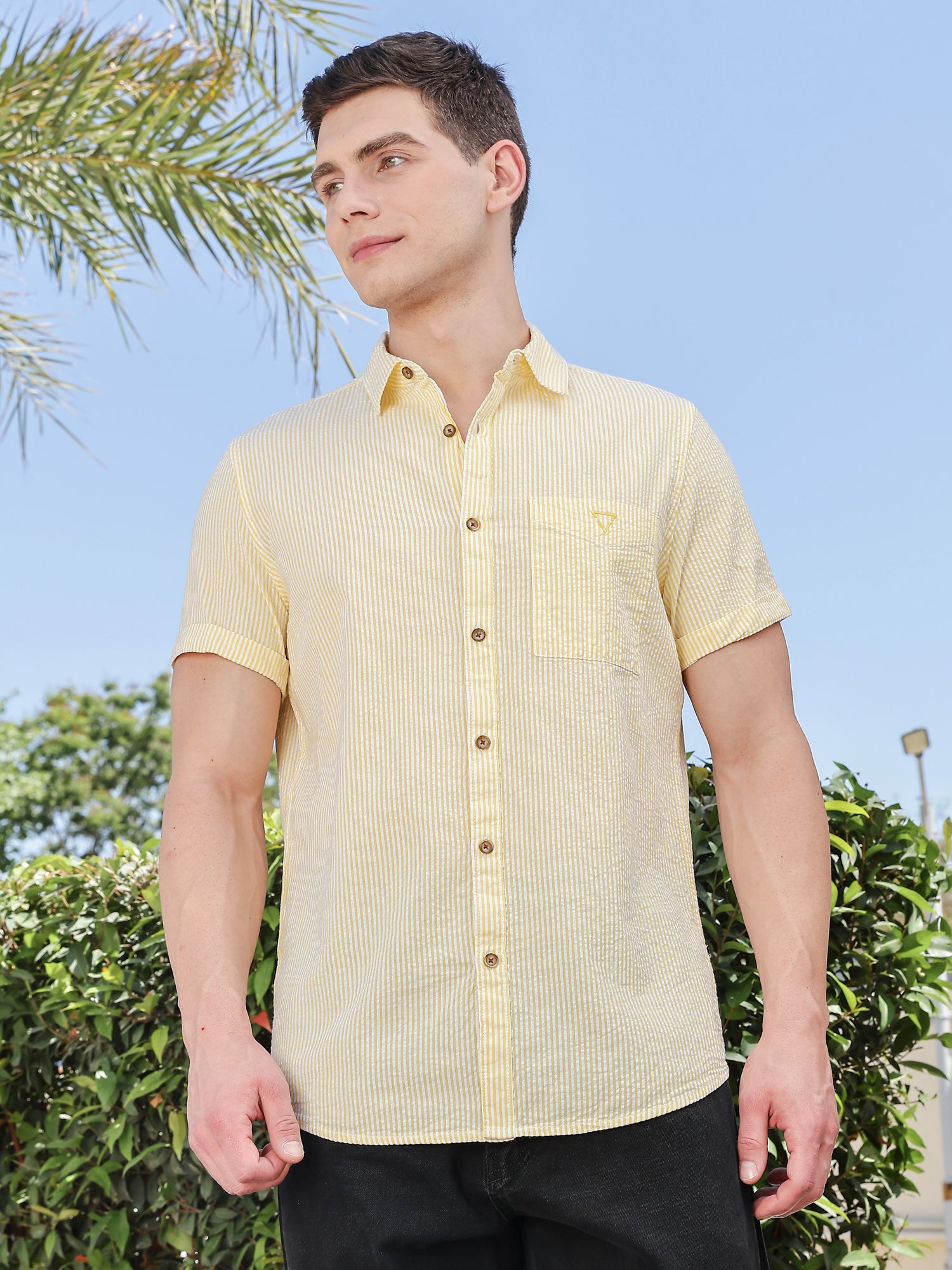 Thomas Scott Men Yellow Slim Fit Short Sleeve Pinstripes Casual Shirt