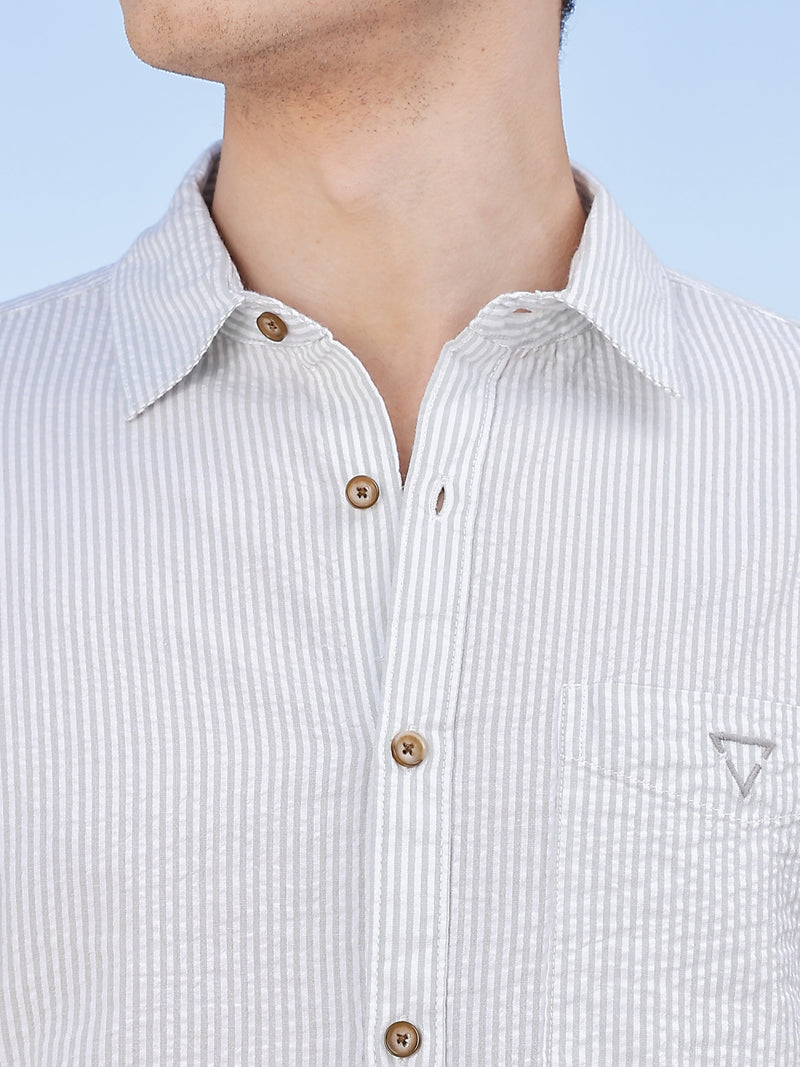 Thomas Scott Men LightGrey Slim Fit Short Sleeve Pinstripes Casual Shirt
