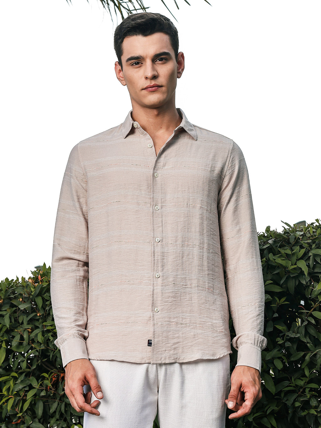 Thomas Scott Men Beige Slim Fit Long Sleeves Horizontal Stripes Casual Shirt