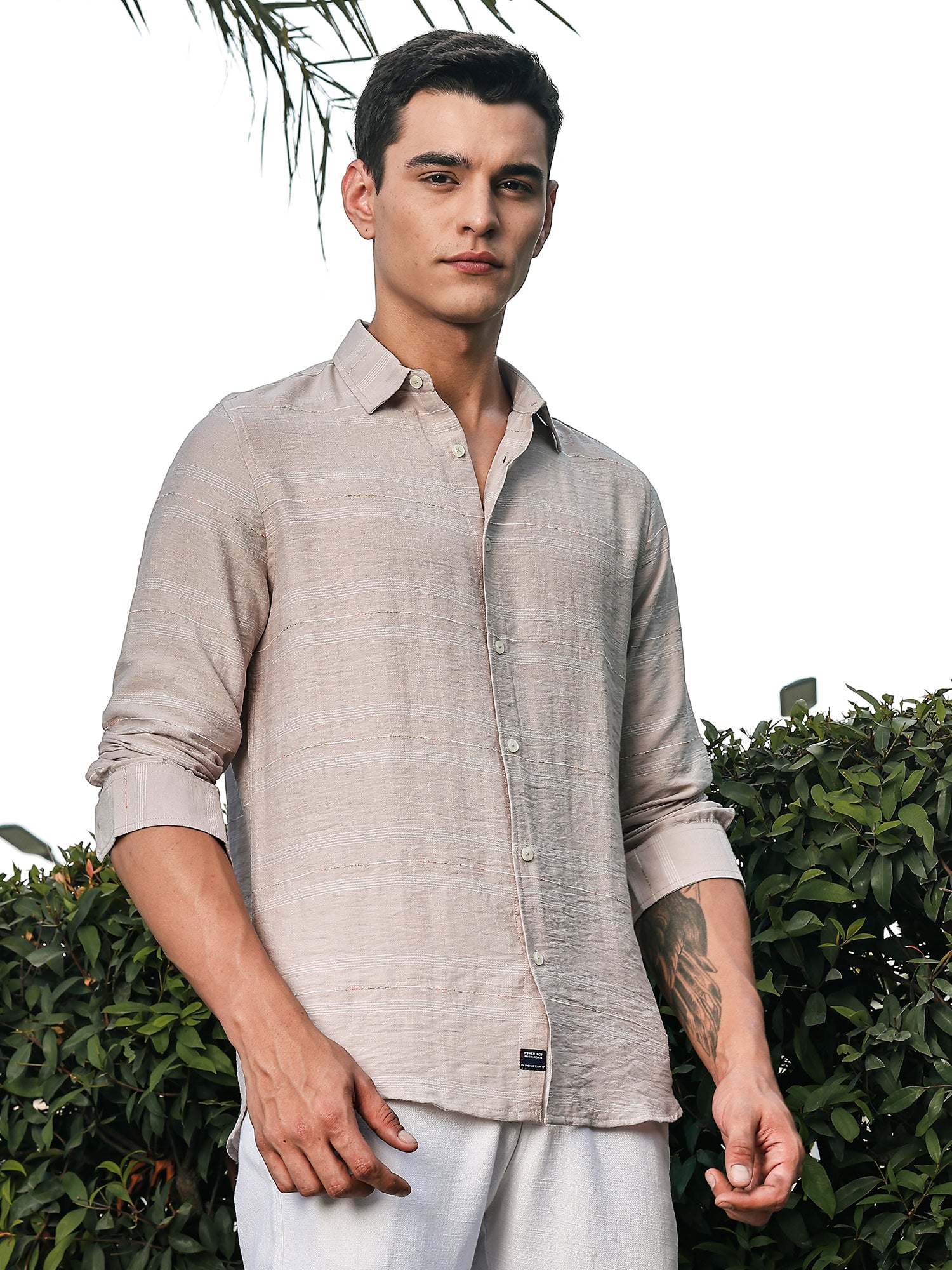 Thomas Scott Men Beige Slim Fit Long Sleeves Horizontal Stripes Casual Shirt