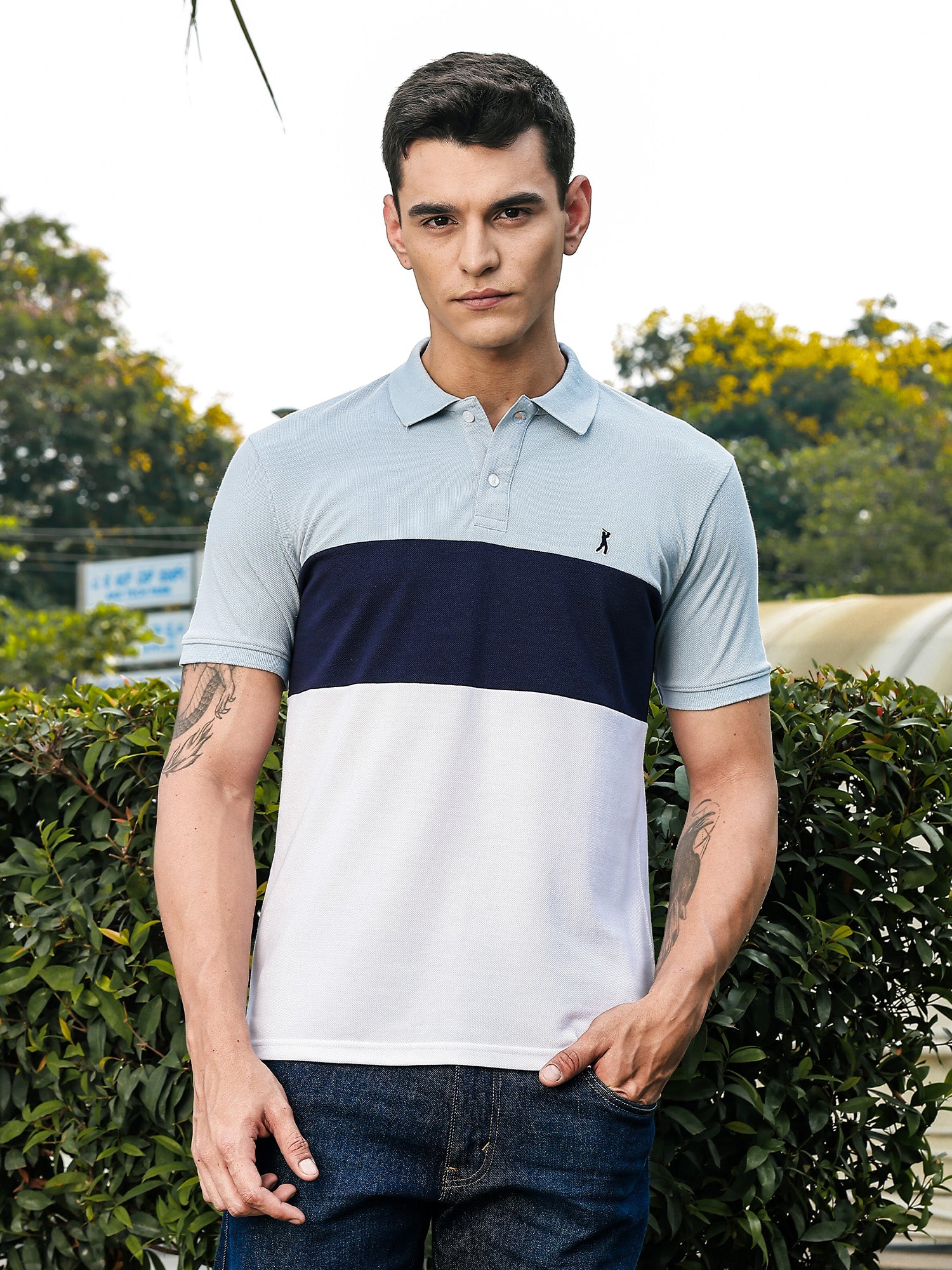 Thomas Scott Men IceBlue Regular Fit Short Sleeves Knitted Polo Collar Tshirt