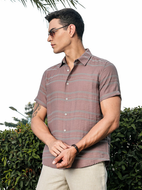 Thomas Scott Men Brown Slim Fit Short Sleeves Horizontal Stripes Woven Casual Shirt