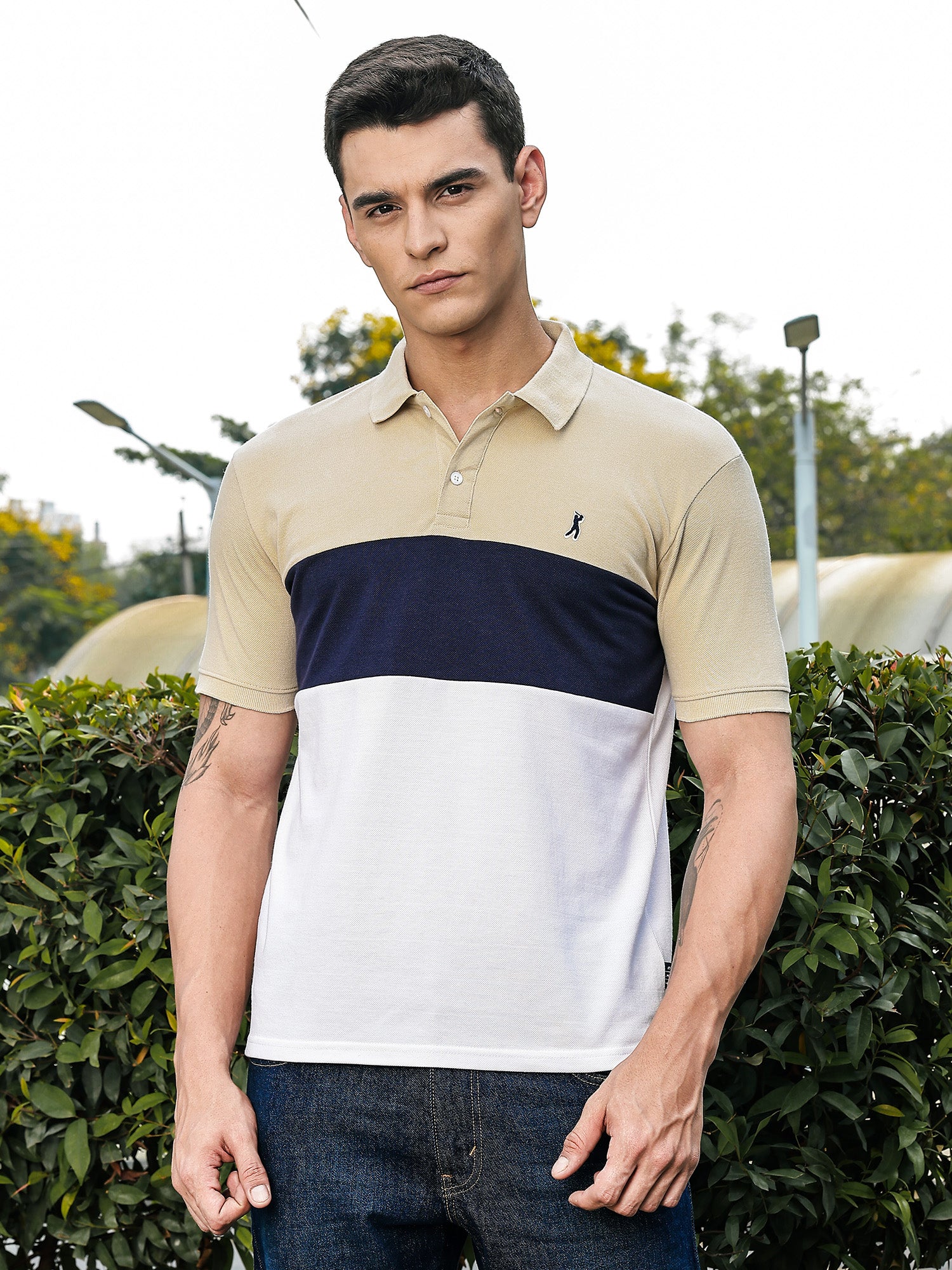 Thomas Scott Men Cream Regular Fit Short Sleeves Knitted Polo Collar Tshirt
