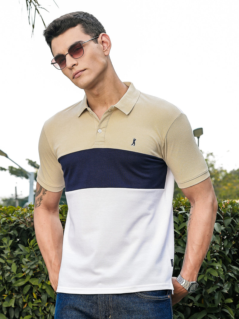 Thomas Scott Men Cream Regular Fit Short Sleeves Knitted Polo Collar Tshirt