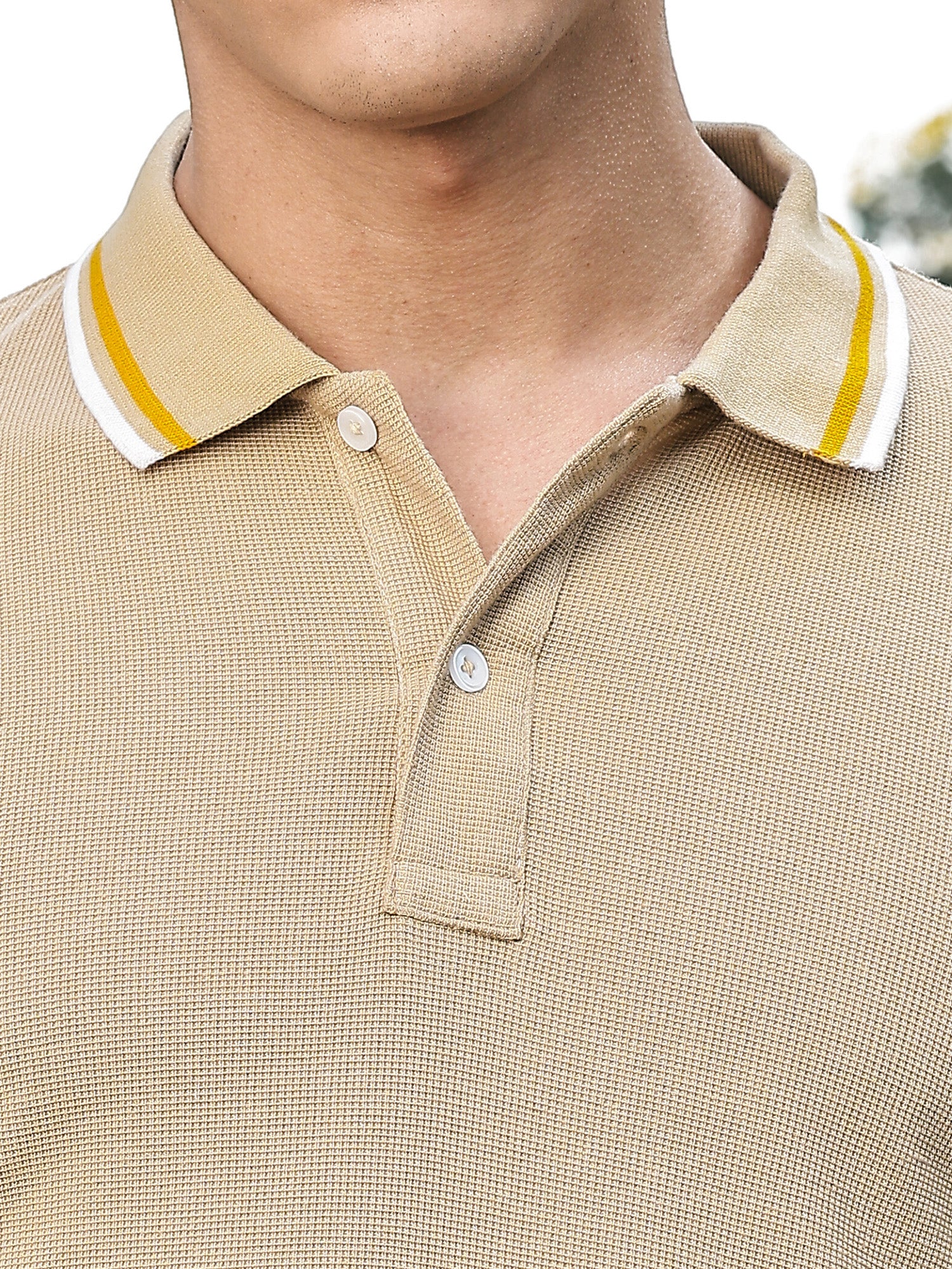 Thomas Scott Men Beige Regular Fit Short Sleeves Waffle Knitted Polo Collar Tshirt