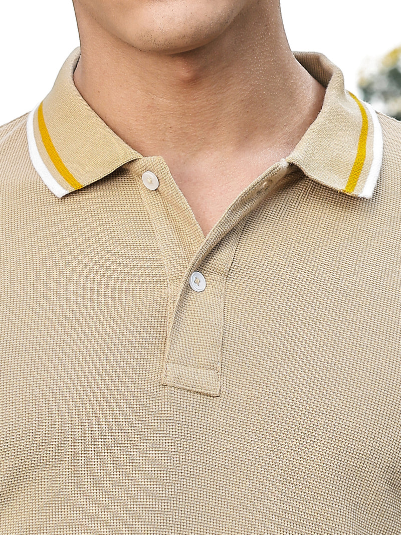 Thomas Scott Men Beige Regular Fit Short Sleeves Waffle Knitted Polo Collar Tshirt
