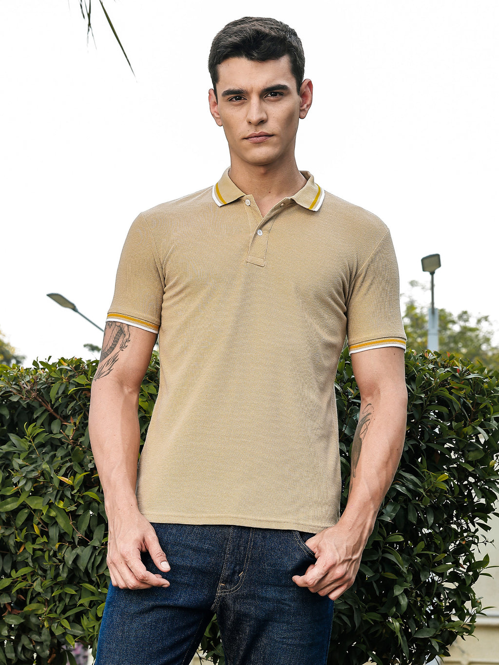 Thomas Scott Men Beige Regular Fit Short Sleeves Waffle Knitted Polo Collar Tshirt