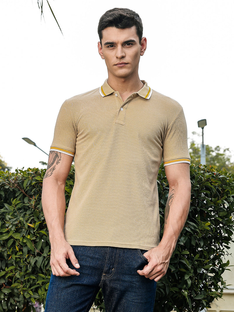 Thomas Scott Men Beige Regular Fit Short Sleeves Waffle Knitted Polo Collar Tshirt