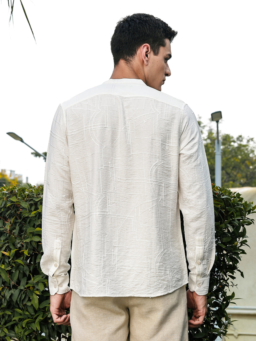 Thomas Scott Men White Slim Fit Long Sleeves Mandarin Collar Woven Embroidered Shirt