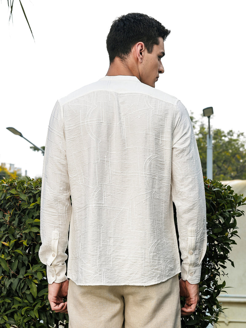 Thomas Scott Men White Slim Fit Long Sleeves Mandarin Collar Woven Embroidered Shirt