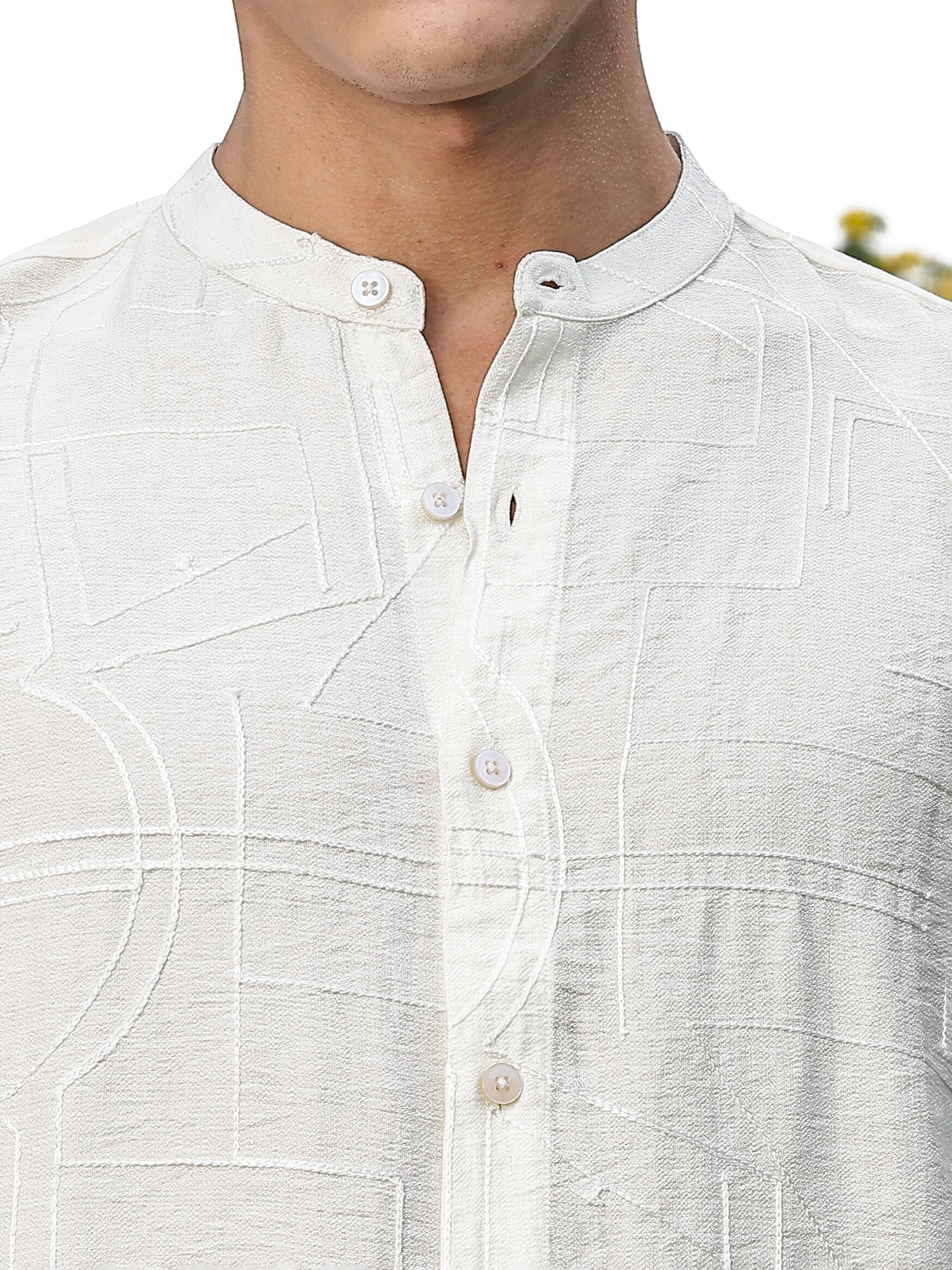 Thomas Scott Men White Slim Fit Long Sleeves Mandarin Collar Woven Embroidered Shirt