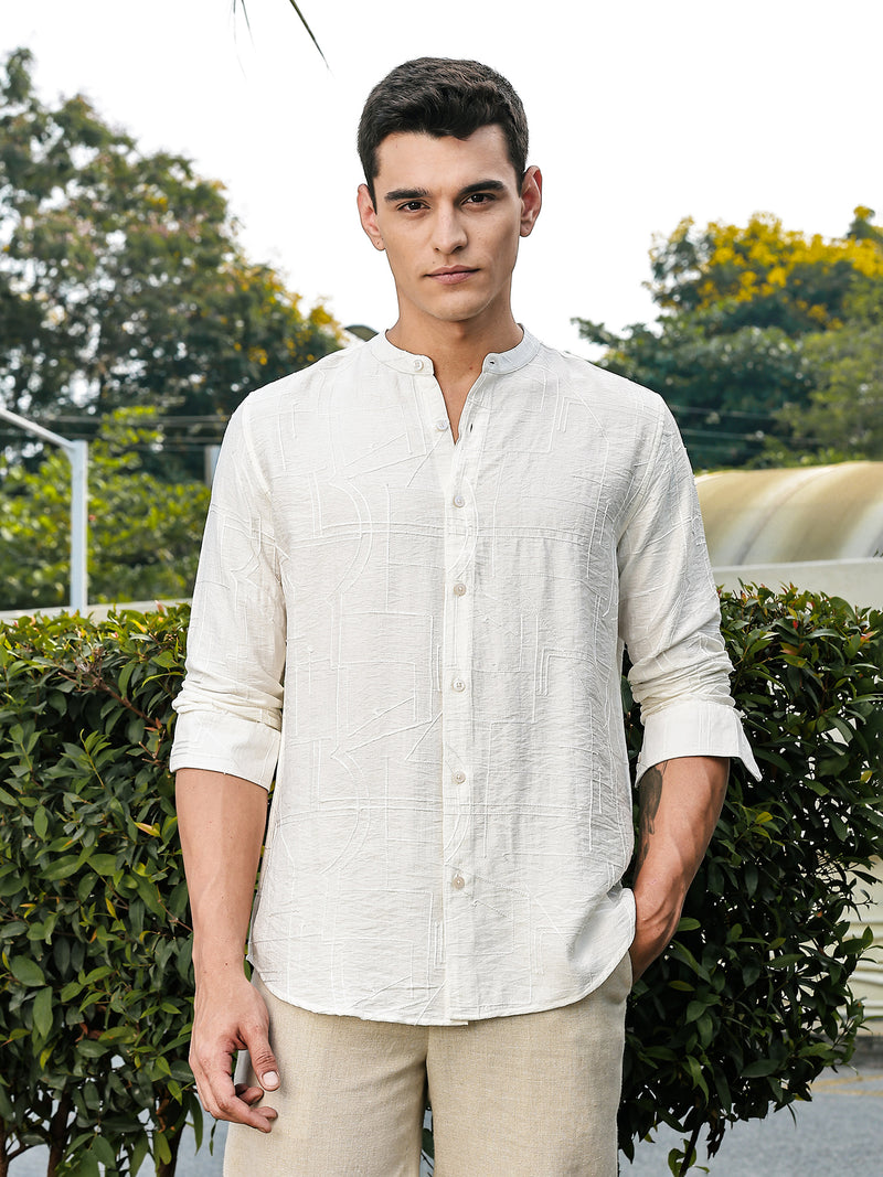 Thomas Scott Men White Slim Fit Long Sleeves Mandarin Collar Woven Embroidered Shirt