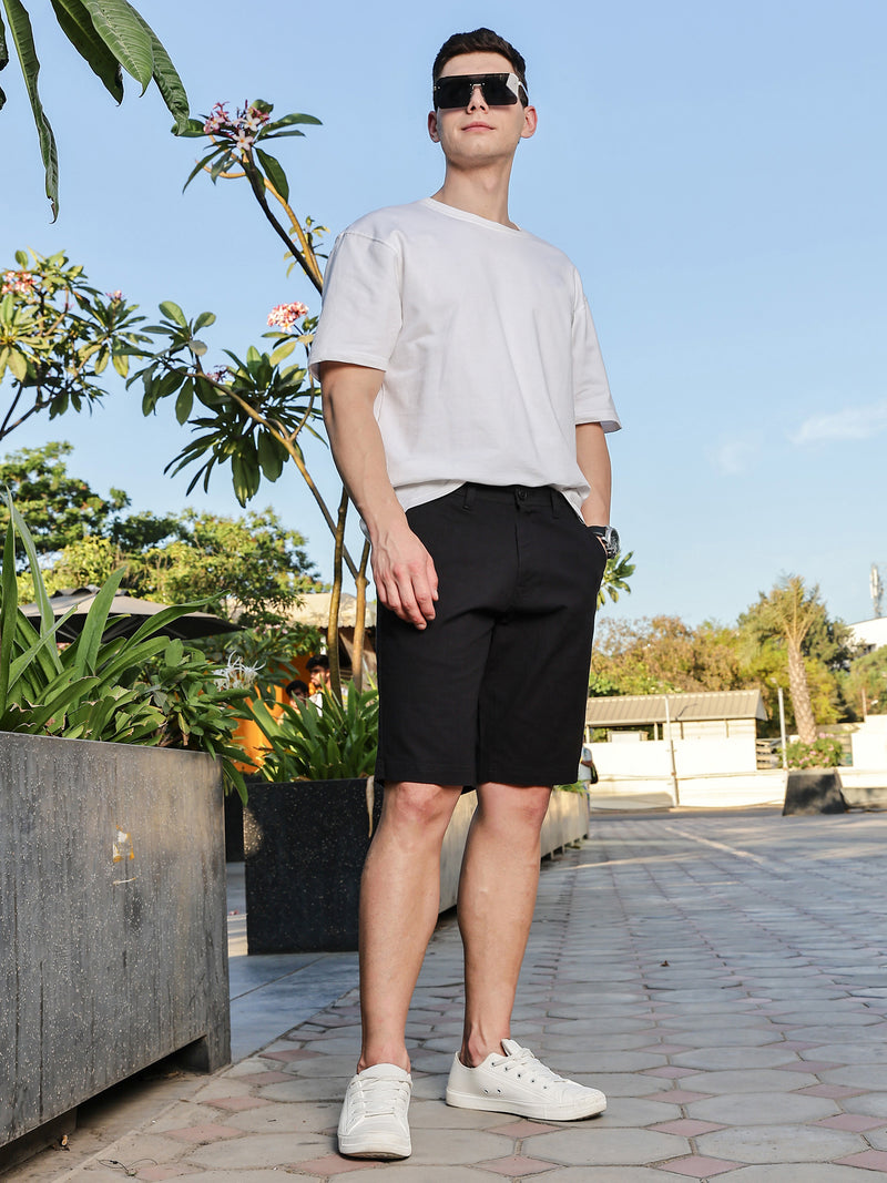 Thomas Scott Men Black Mid-Rise Slim Fit Solid Chino Shorts