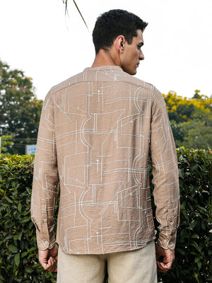 Beige Slim Fit Long Sleeves Mandarin Collar Woven Embroidered Shirt For Men