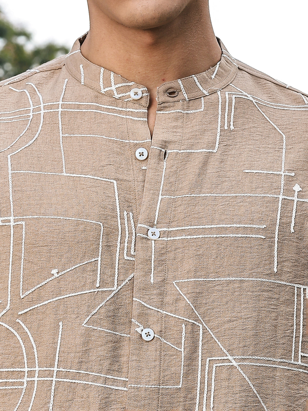 Thomas Scott Men Beige Slim Fit Long Sleeves Mandarin Collar Woven Embroidered Shirt