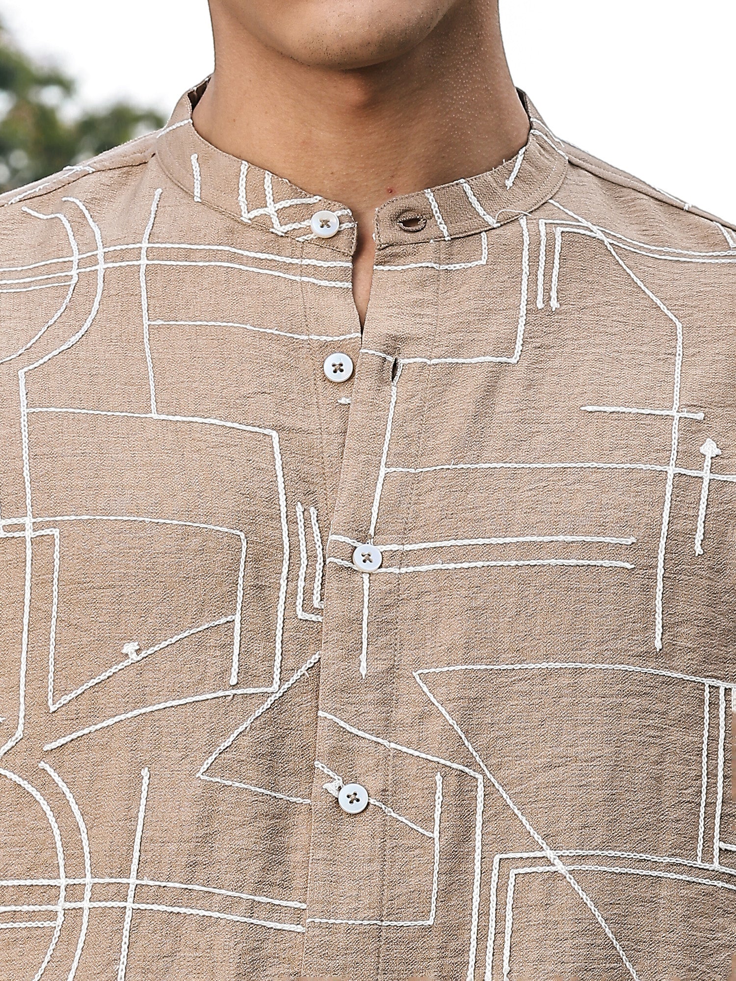 Thomas Scott Men Beige Slim Fit Long Sleeves Mandarin Collar Woven Embroidered Shirt