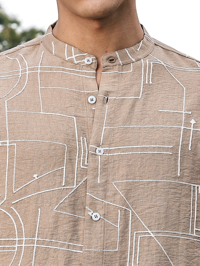 Thomas Scott Men Beige Slim Fit Long Sleeves Mandarin Collar Woven Embroidered Shirt