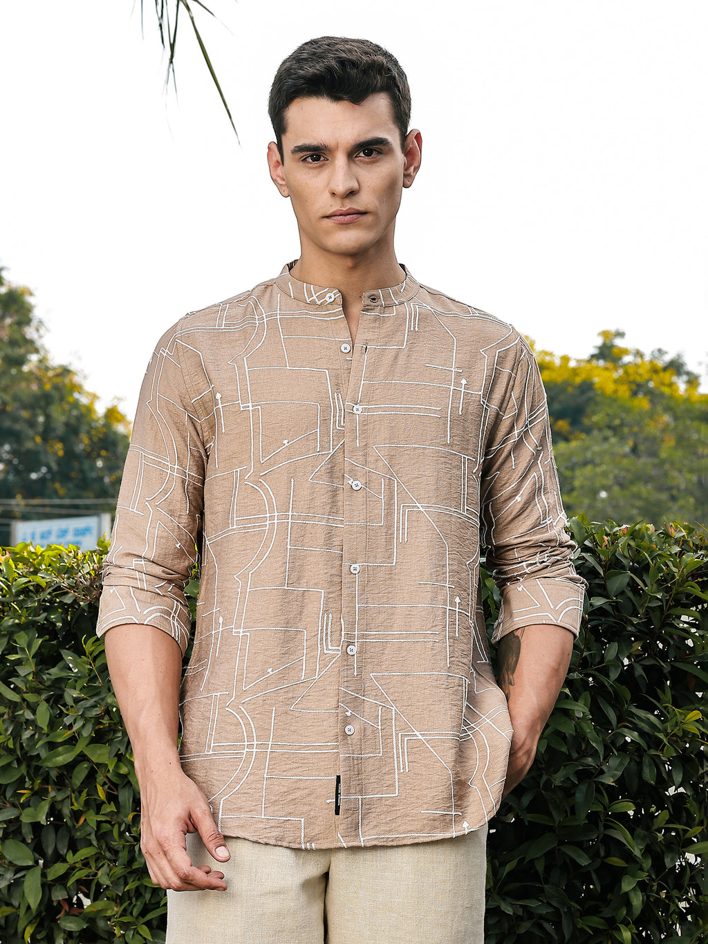 Thomas Scott Men Beige Slim Fit Long Sleeves Mandarin Collar Woven Embroidered Shirt