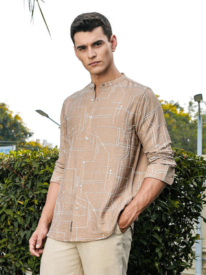 Beige Slim Fit Long Sleeves Mandarin Collar Woven Embroidered Shirt For Men