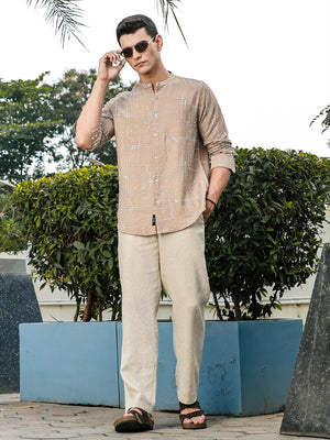 Beige Slim Fit Long Sleeves Mandarin Collar Woven Embroidered Shirt For Men