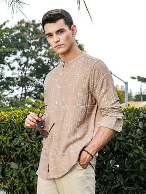 Beige Slim Fit Long Sleeves Mandarin Collar Woven Embroidered Shirt For Men