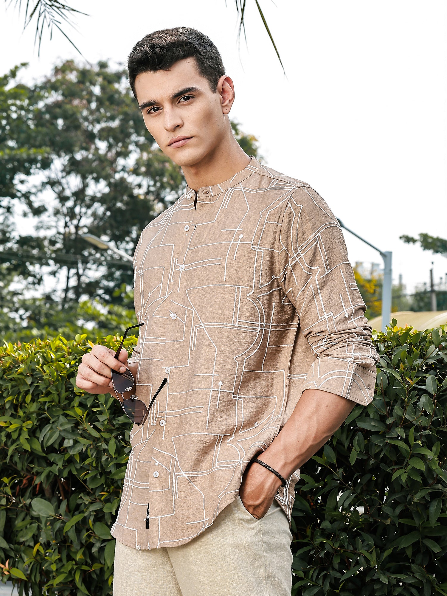 Thomas Scott Men Beige Slim Fit Long Sleeves Mandarin Collar Woven Embroidered Shirt