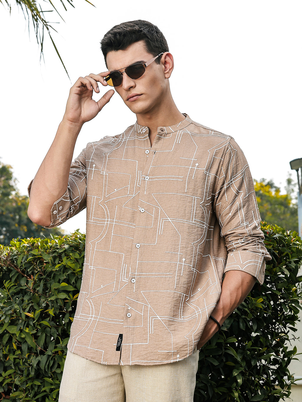Thomas Scott Men Beige Slim Fit Long Sleeves Mandarin Collar Woven Embroidered Shirt