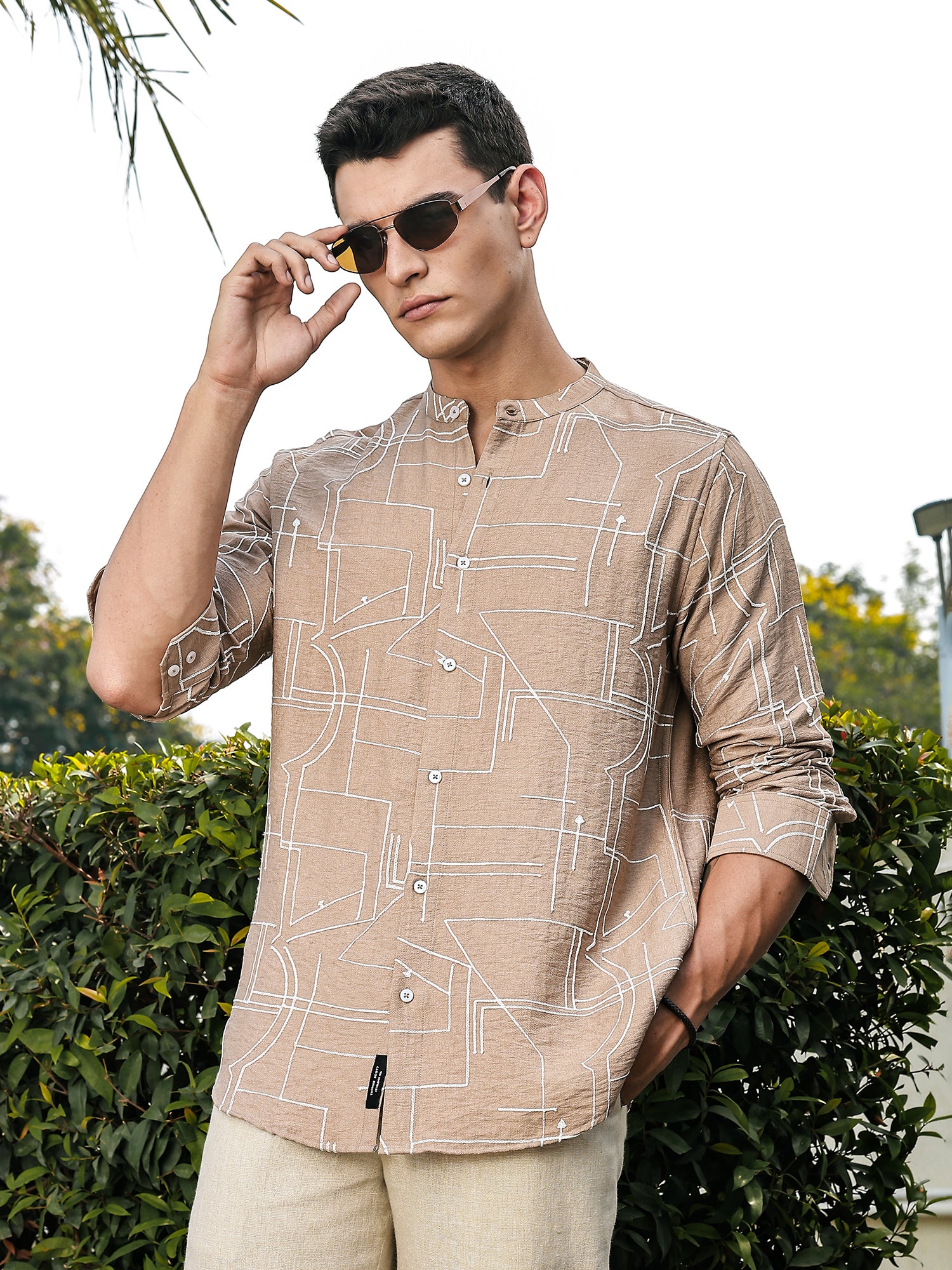 Thomas Scott Men Beige Slim Fit Long Sleeves Mandarin Collar Woven Embroidered Shirt