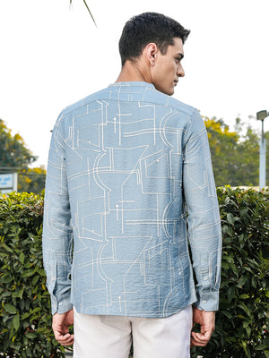 Blue Slim Fit Long Sleeves Mandarin Collar Woven Embroidered Shirt For Men