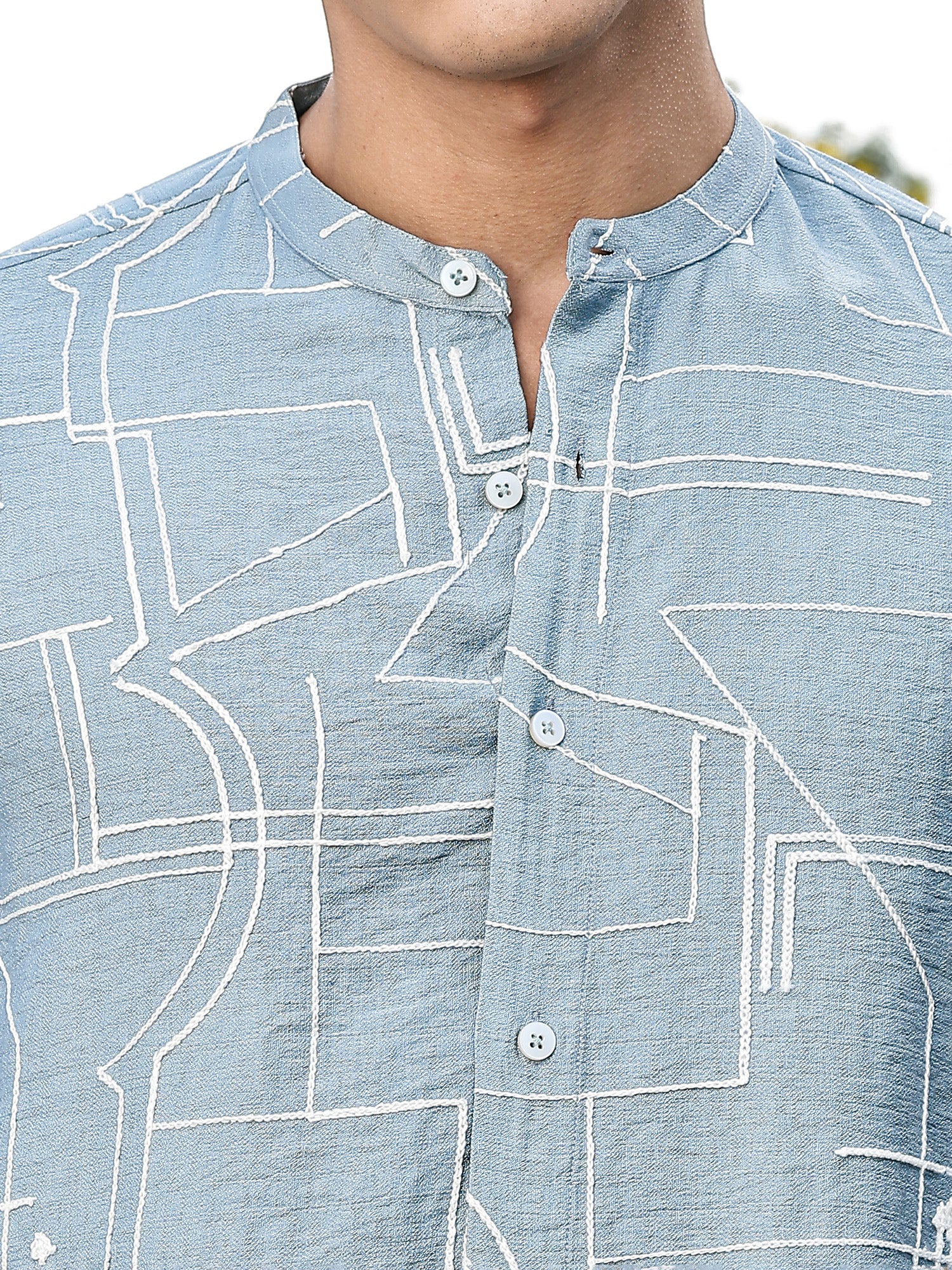 Thomas Scott Men Blue Slim Fit Long Sleeves Mandarin Collar Woven Embroidered Shirt