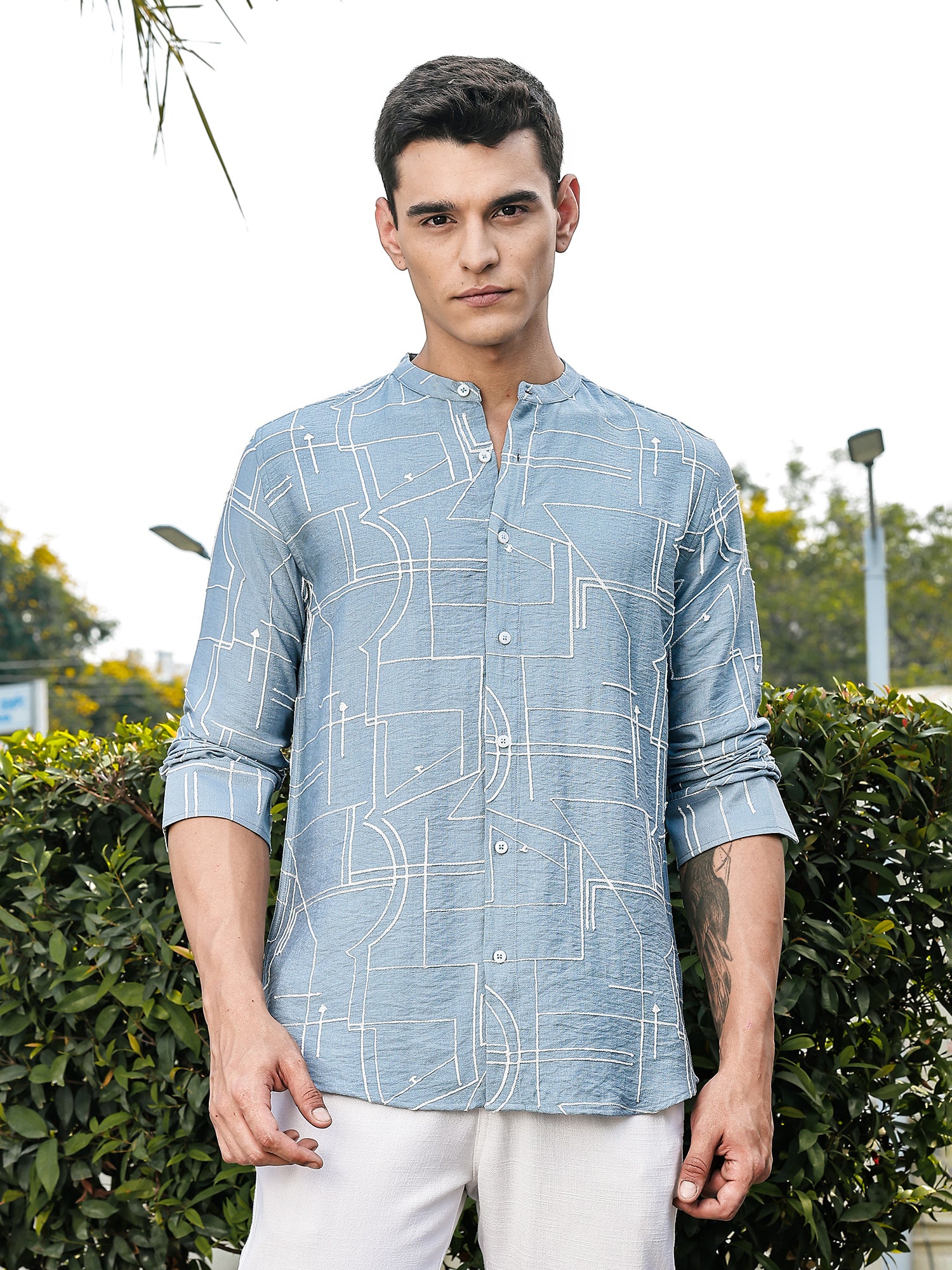 Thomas Scott Men Blue Slim Fit Long Sleeves Mandarin Collar Woven Embroidered Shirt