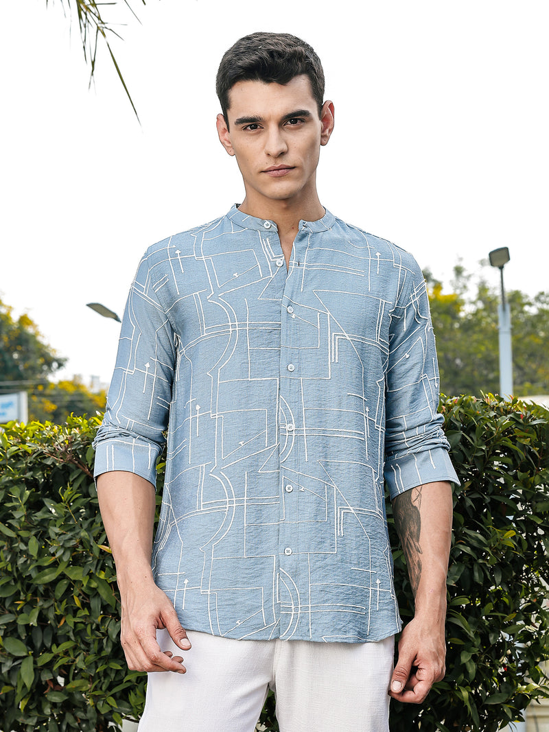 Thomas Scott Men Blue Slim Fit Long Sleeves Mandarin Collar Woven Embroidered Shirt