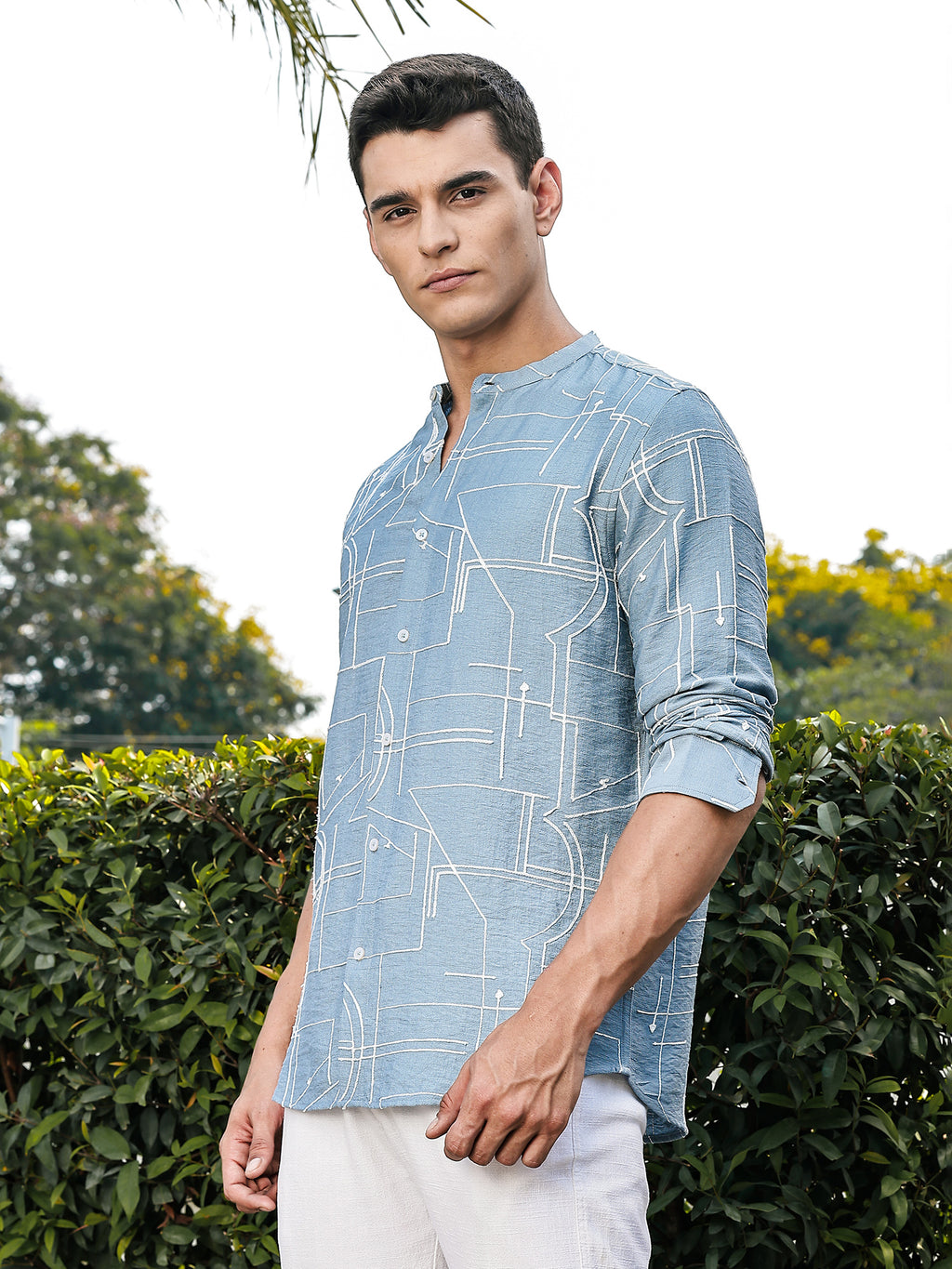 Thomas Scott Men Blue Slim Fit Long Sleeves Mandarin Collar Woven Embroidered Shirt