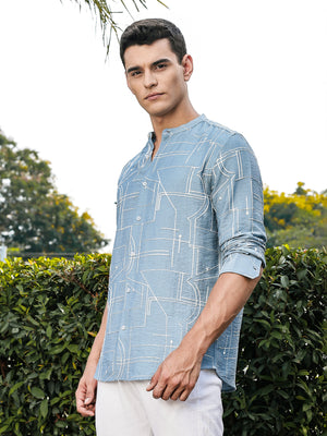 Blue Slim Fit Long Sleeves Mandarin Collar Woven Embroidered Shirt For Men