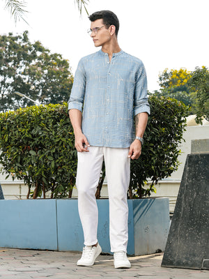 Blue Slim Fit Long Sleeves Mandarin Collar Woven Embroidered Shirt For Men