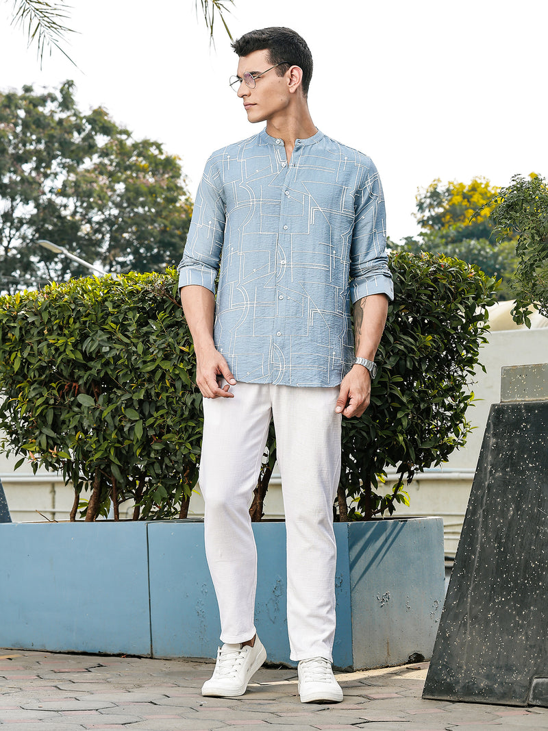 Thomas Scott Men Blue Slim Fit Long Sleeves Mandarin Collar Woven Embroidered Shirt