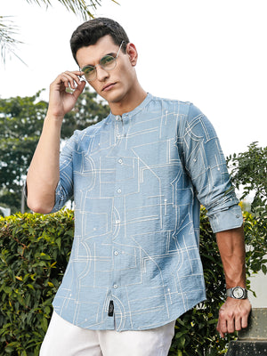 Blue Slim Fit Long Sleeves Mandarin Collar Woven Embroidered Shirt For Men