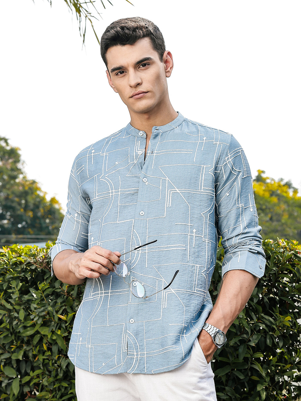 Thomas Scott Men Blue Slim Fit Long Sleeves Mandarin Collar Woven Embroidered Shirt