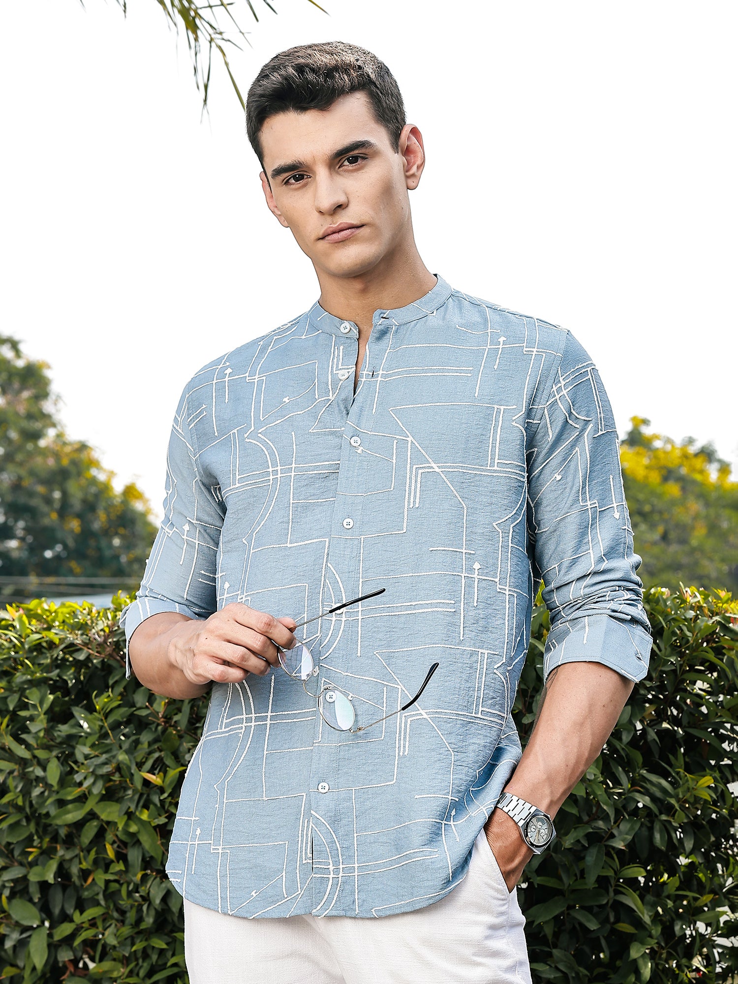 Thomas Scott Men Blue Slim Fit Long Sleeves Mandarin Collar Woven Embroidered Shirt