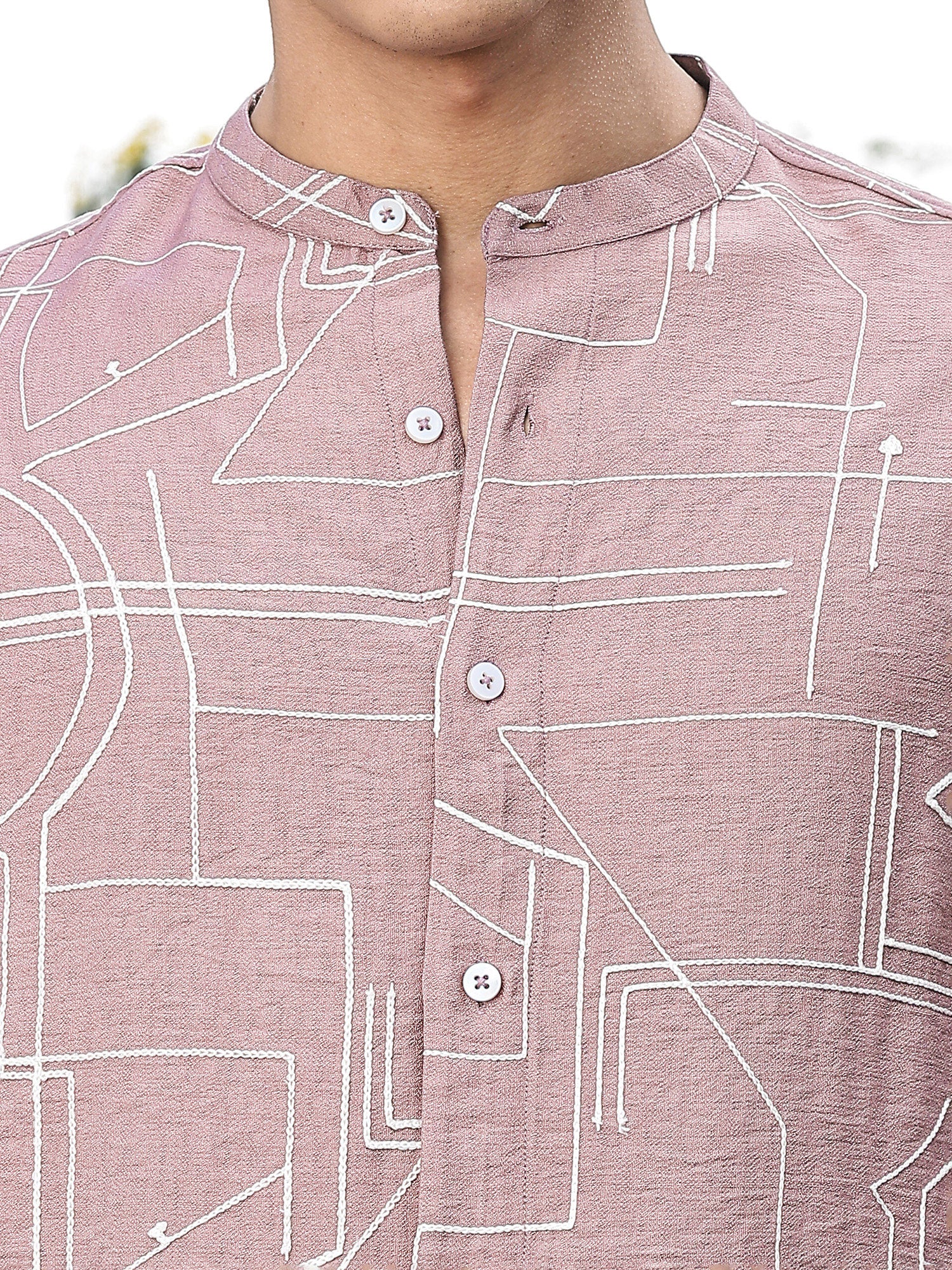 Thomas Scott Men Pink Slim Fit Long Sleeves Mandarin Collar Woven Embroidered Shirt